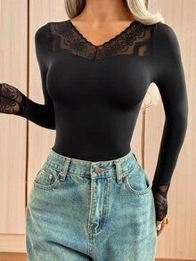 SHEIN EZwear Women's Mesh Patchwork Slim Fit Versatile Daily Wear Night Out Date Date Night Holiday Long Sleeve T-Shirt Black Fall Sexy Elegant - Black - View 5