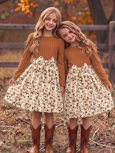 Sparklyn Tween Girl Fashion Round Neck Long Sleeve Patchwork Print Colorblock Dress
