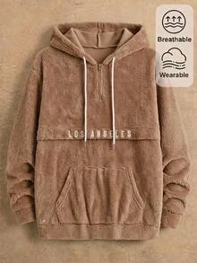 HIMLAND 男士休閒街頭通勤登山沙灘字母刺繡袋鼠口袋抽繩連帽衛衣，秋冬棕色與白色 - 卡其色 - 查看 6