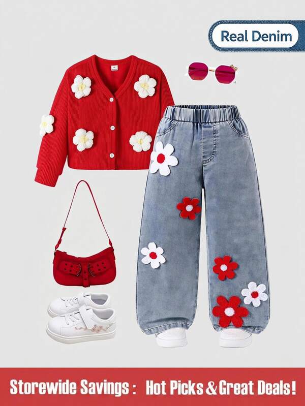 SHEIN New 2025 Spring Korean Style Girls Toddler Knit Cardigan Jacket And Denim Pants Set, Loose Wide Leg Floral Pants, Straight Leg Jeans, Fashionable Cute Casual Daily Outfit For School, Vacation, Travel, Outdoor Sports, Back To School