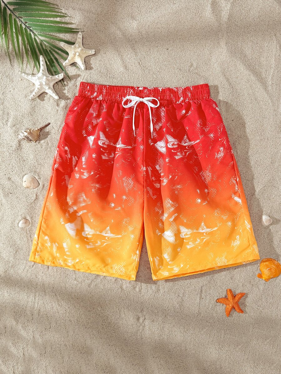 SHEIN Pantalones cortos de playa/natación con cordón en la cintura y degradado de color para adolescentes, vacaciones de verano - Naranja - Ver 1