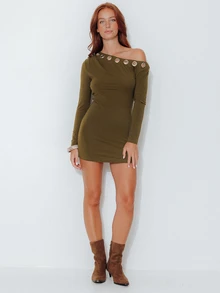 Pimkie Edition Fashionable Asymmetric Collar Mini Dress For Commuting - Army Green - View 5