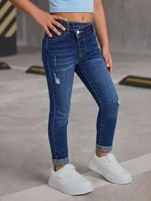 Young Girl Y2k Distressed Asymmetrical Waist Blue Denim Ripped Frayed Jeans,Fall/Winter,For Kids Girls Back To School Clothes, Streetwear Outfits - Dark Wash - View 4