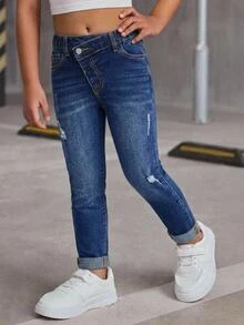 Young Girl Y2k Distressed Asymmetrical Waist Blue Denim Ripped Frayed Jeans,Fall/Winter,For Kids Girls Back To School Clothes, Streetwear Outfits - Dark Wash - View 6