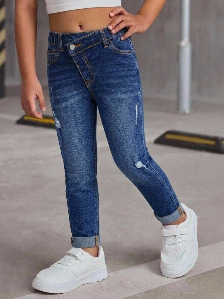Young Girl Y2k Distressed Asymmetrical Waist Blue Denim Ripped Frayed Jeans,Fall/Winter,For Kids Girls Back To School Clothes, Streetwear Outfits - Dark Wash - View 6