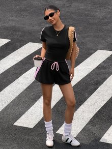 Muchica 女款休閒運動風 K-Pop 黑粉波點針織套裝 Ytk 瑜伽上衣與緊身褲 2 件組 健身運動服 夏季健身裝 - 黑色 - 查看 7