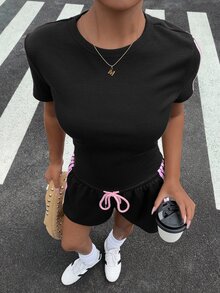 Muchica 女款休閒運動風 K-Pop 黑粉波點針織套裝 Ytk 瑜伽上衣與緊身褲 2 件組 健身運動服 夏季健身裝 - 黑色 - 查看 6