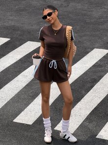 Muchica 女款休閒運動風棕色條紋針織套裝，度假健身夏日運動穿搭，女款夏季健身房運動健身服 - 棕色 - 查看 6