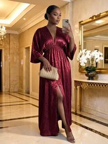 SHEIN Lady CURVE فستان أنيق عتيق بمقاس كبير مع طيات أمامية وفتحة جانبية - عنابي اللون - مشاهدة 4