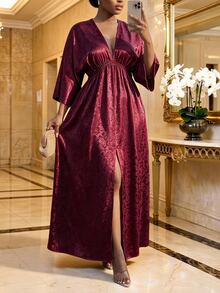 SHEIN Lady CURVE فستان أنيق عتيق بمقاس كبير مع طيات أمامية وفتحة جانبية - عنابي اللون - مشاهدة 1
