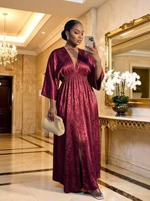 SHEIN Lady CURVE فستان أنيق عتيق بمقاس كبير مع طيات أمامية وفتحة جانبية - عنابي اللون - مشاهدة 3