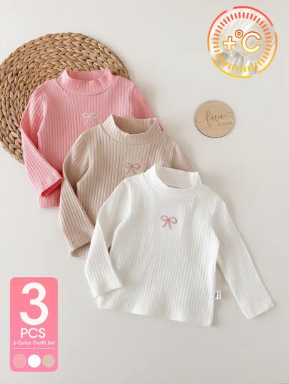 SHEIN 3 Pack Toddler Girl Pullover Shirt Sweet Pink White Beige Bow Ribbed Knit Long Sleeve Mock Neck Soft Birthday Party Fall Ballerina Ballet Layering