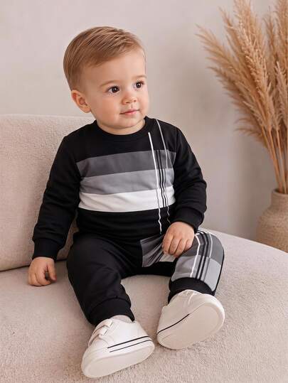 SHEIN סט 2 חלקים של סווטשירט צווארון עגול וטרנינג פסים צבעים לבנים לתינוקות בנים, לבוש ספורטיבי רחוב לאביב וסתיו, למשחק יומיומי ומסיבות