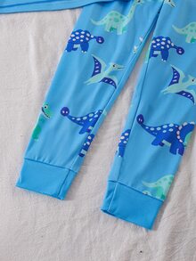 SHEIN 2件組男童條紋毛巾刺繡恐龍修身居家服，藍色條紋印花圓領上衣配3D毛巾刺繡可愛小恐龍，全身卡通恐龍印花長褲，高彈性修身剪裁，親膚針織面料，袖口與下擺收口設計，秋冬男童修身長袖長褲內搭睡衣套裝 - 藍色 - 查看 9