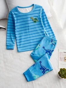 SHEIN 2件組男童條紋毛巾刺繡恐龍修身居家服，藍色條紋印花圓領上衣配3D毛巾刺繡可愛小恐龍，全身卡通恐龍印花長褲，高彈性修身剪裁，親膚針織面料，袖口與下擺收口設計，秋冬男童修身長袖長褲內搭睡衣套裝 - 藍色 - 查看 2