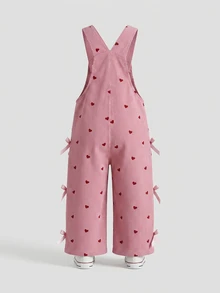 SHEIN Playful Pals 女童燈芯絨吊帶褲，四季通用可愛俏皮風，粉色前口袋設計，側面粉色蝴蝶結裝飾，愛心印花，寬鬆直筒版型，柔軟舒適，適合日常穿著、派對、外出等多種場合，新款四季女童連身褲 - 粉色 - 查看 2