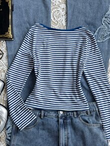 SHEIN 青少年女孩藍白條紋拼色方領長袖T恤，秋冬春季款 - 彩色 - 查看 5