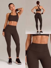 GLOWMODE 24" Peakbum-Lift FeatherFit™-Sculpt Butt-Lifting Tummy Control Side Pockets Leggings Medium Impact Training Running Workout Gym Fitness Wear - Brown - View 9