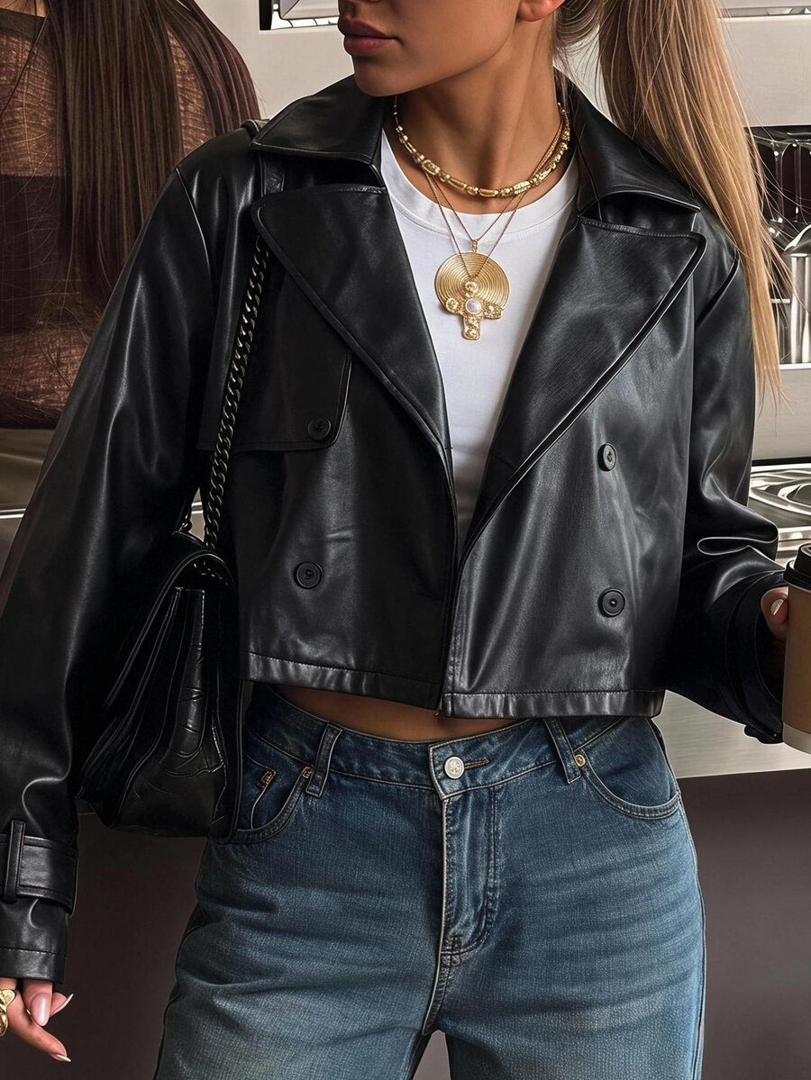 SHEIN EZwear 女款秋季時尚雙排扣短版夾克外套
