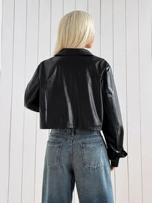 SHEIN EZwear 女款秋季時尚雙排扣短版夾克外套 - 黑色 - 查看 7