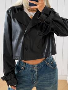 SHEIN EZwear 女款秋季時尚雙排扣短版夾克外套 - 黑色 - 查看 6
