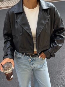 SHEIN EZwear 女款秋季時尚雙排扣短版夾克外套 - 黑色 - 查看 8
