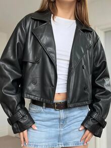 SHEIN EZwear 女款秋季時尚雙排扣短版夾克外套 - 黑色 - 查看 9