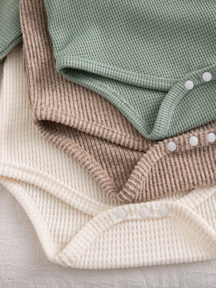 SHEIN Vintaside Kids 3 Pack Baby Boy Bodysuits Cute Sage Green Brown White Waffle Knit Ribbed Long Sleeve Mock Neck Regular Birthday Party Fall Halloween Autumn Christmas - Multicolor - View 5