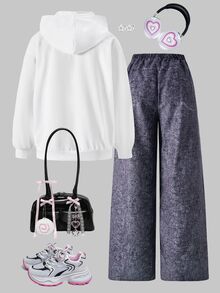SHEIN Explorewe [Denim Effect] 2件組青少年女孩連帽衛衣與印花長褲套裝 秋冬款 - 彩色 - 查看 2
