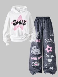 SHEIN Explorewe [Denim Effect] 2件組青少年女孩連帽衛衣與印花長褲套裝 秋冬款 - 彩色 - 查看 3