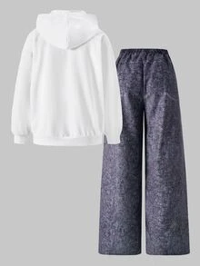 SHEIN Explorewe [Denim Effect] 2件組青少年女孩連帽衛衣與印花長褲套裝 秋冬款 - 彩色 - 查看 4
