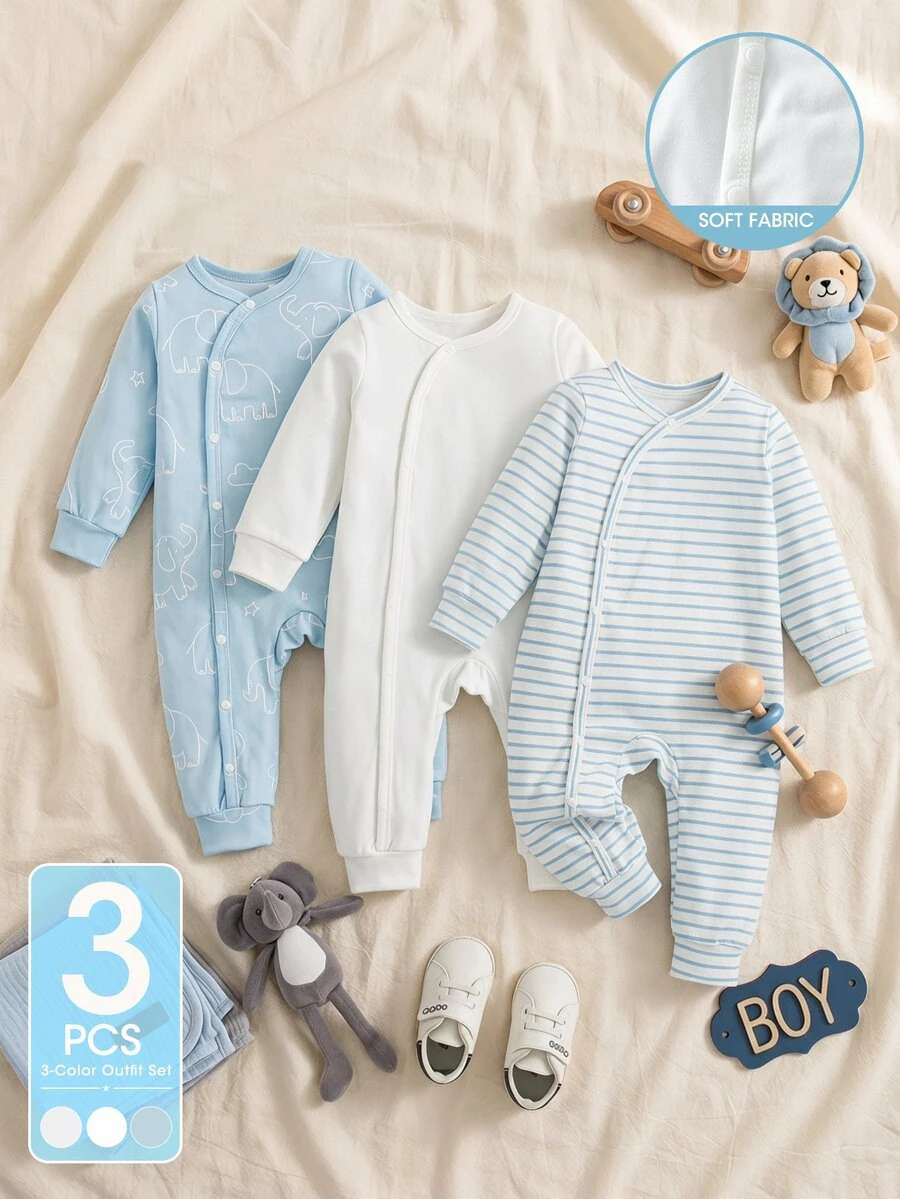 SHEIN Souflis 3pcs Baby Boy Rompers Sweet Baby Blue White Elephant Striped Print Ribbed Long Sleeve Round Neck Regular Birthday Party Fall Halloween Christmas Snaps - White - View 1