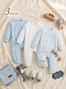 SHEIN Souflis 3pcs Baby Boy Rompers Sweet Baby Blue White Elephant Striped Print Ribbed Long Sleeve Round Neck Regular Birthday Party Fall Halloween Christmas Snaps - White - View 8