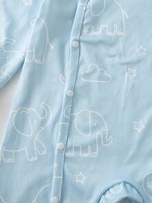 SHEIN Souflis 3pcs Baby Boy Rompers Sweet Baby Blue White Elephant Striped Print Ribbed Long Sleeve Round Neck Regular Birthday Party Fall Halloween Christmas Snaps - White - View 5