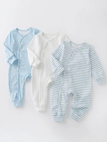 SHEIN Souflis 3pcs Baby Boy Rompers Sweet Baby Blue White Elephant Striped Print Ribbed Long Sleeve Round Neck Regular Birthday Party Fall Halloween Christmas Snaps - White - View 2