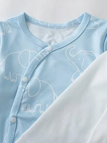 SHEIN Souflis 3pcs Baby Boy Rompers Sweet Baby Blue White Elephant Striped Print Ribbed Long Sleeve Round Neck Regular Birthday Party Fall Halloween Christmas Snaps - White - View 4