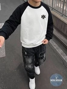 2件組男孩牛仔印花運動衫與慢跑褲套裝，圓領長袖套頭衫 + 鬆緊腰收口長褲，加厚街頭風休閒兩件式套裝，適合秋冬，隨機發貨1套 - 彩色 - 查看 4