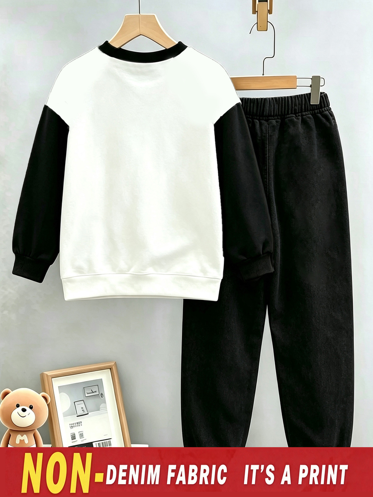 2pcs/Set Boys' Denim Print Sweatshirt And Joggers Set, Crew Neck Long Sleeve Pullover + Elastic Waist Cuffed Pants, Thickened Streetwear Casual Two Pieces Outfit For Autumn/Winter, Randomly Shipped 1 Set - Multicolor - View 3