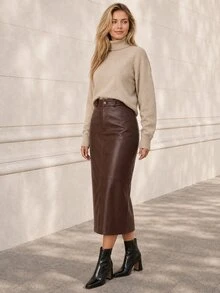 ELLERISSA Brown High Waist Faux Leather Midi Pencil Skirt - Brown - View 4