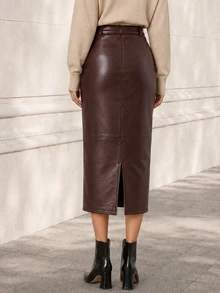 ELLERISSA Brown High Waist Faux Leather Midi Pencil Skirt - Brown - View 2