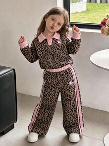 SHEIN Toddler Girls 2pcs Knit Lapel Collar Long Sleeve Long Loose Fit T-Shirt Set Winter Brown - Brown - View 1