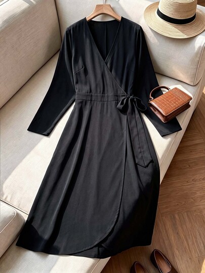 Rusticease Elegant Granny Solid Color V-Neck Casual Party Morning Senior Office Dress For Elderly Women Black Autumn Fall Dresses Winter Dress Elegant Dresses