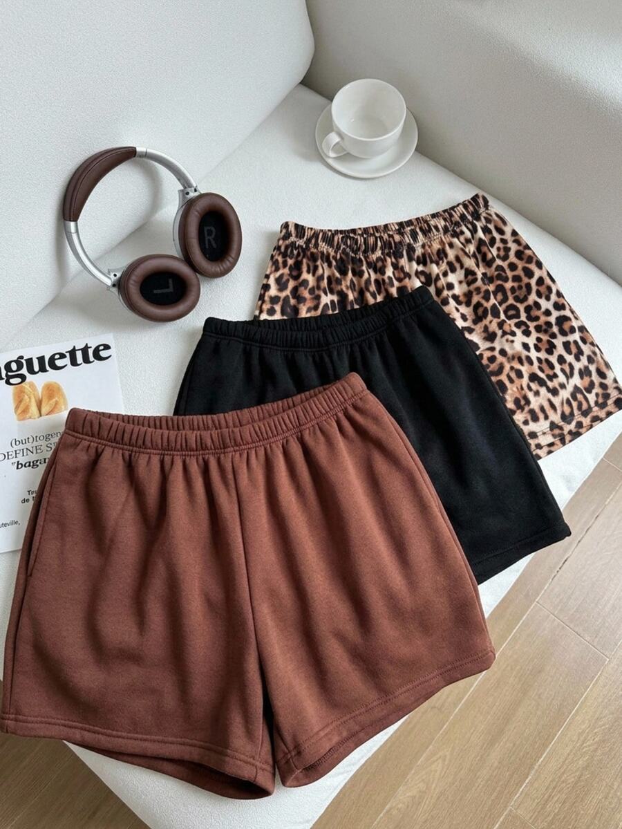 Comfortcana Plus Size Autumn Back To School Leopard Print + Brown + Black Thick Shorts 3pcs Set - Multicolor - View 1