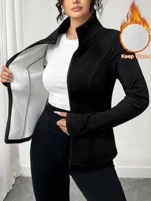 SHEIN Tall CURVE معطف مبطن حراري كامل السحاب للنساء في فصل الخريف والشتاء، مقاسات كبيرة - الأسود - مشاهدة 1