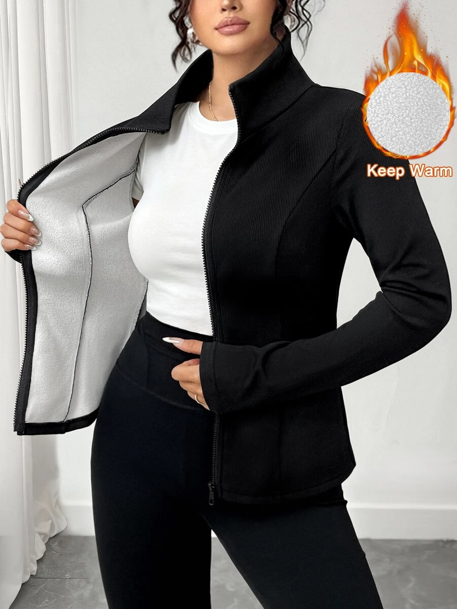 SHEIN Tall CURVE معطف مبطن حراري كامل السحاب للنساء في فصل الخريف والشتاء، مقاسات كبيرة - الأسود - مشاهدة 1