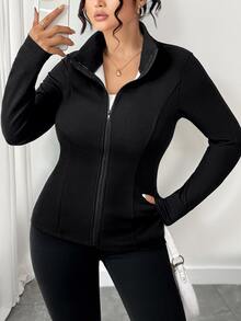 SHEIN Tall CURVE معطف مبطن حراري كامل السحاب للنساء في فصل الخريف والشتاء، مقاسات كبيرة - الأسود - مشاهدة 3
