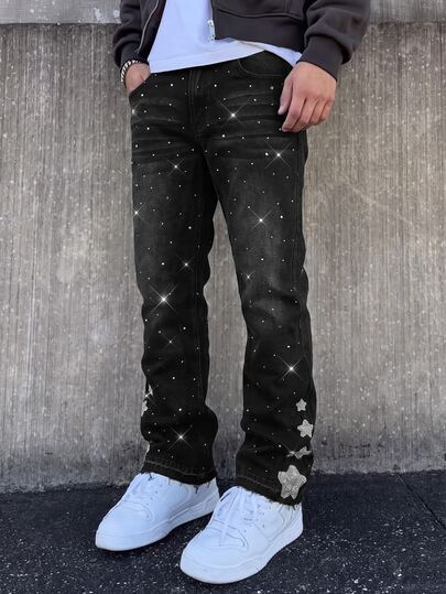 SHEIN Tween Boy Denim Jeans, All-Season, Soft, Cotton, Casual, Fashion, Versatile, Comfortable, Minimalist, Elastic Waistband, Star Rhinestone + Shiny Crystal Design, Loose Straight Wide Leg Fit, Black Washed Denim Pants Suitable For Daily Wear And Vacation