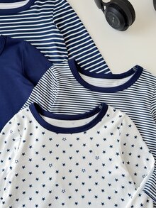 SHEIN Playful Pals 4件組男嬰長袖圓領套頭T恤上衣，學院風海軍藍白條紋星星印花，休閒款，適合學校、派對、秋季、萬聖節、聖誕節 - 彩色 - 查看 8