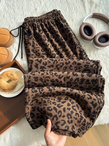 Comfortcana Plus Size Vintage Leopard Print Corduroy Thermal Lined Sweatpants, Autumn/Winter - Brown - View 8