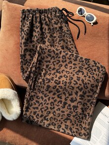 Comfortcana Plus Size Vintage Leopard Print Corduroy Thermal Lined Sweatpants, Autumn/Winter - Brown - View 3
